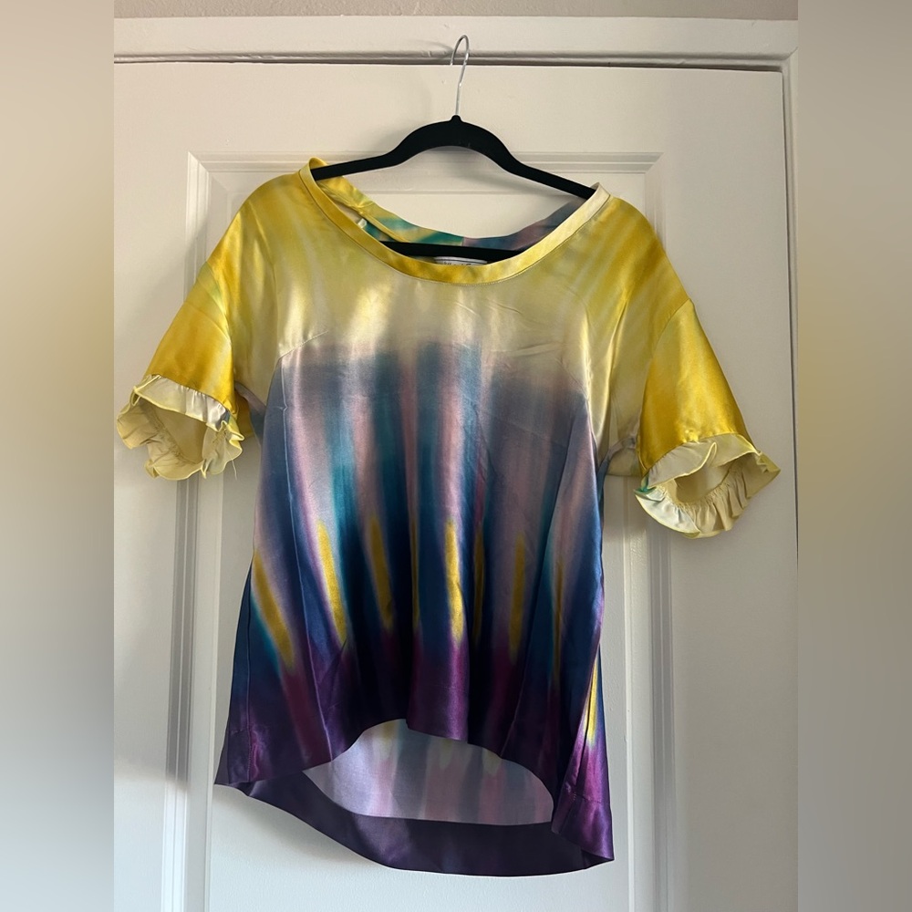 Yellow and Blue Asymmetrical Flutter Sleeve Blouse